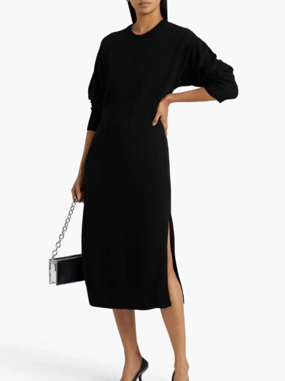 New Another Tomorrow cashmere wool long sleeve side slit knit midi sweater dress